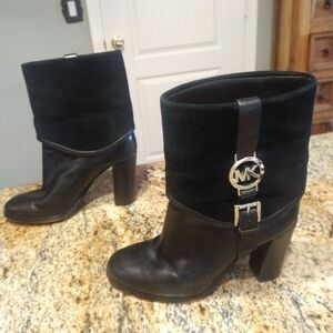 Michael Kors Signature Black Leather Ankle Suede Fulton Harness Boots Sz 5.5 M